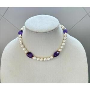 Amethyst Baroque Pearl Necklace with Gold-Tone Accents. Handmade.